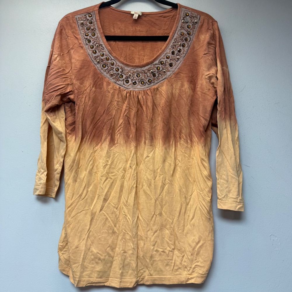 Reba Tunic Top Womens Large Orange Yellow Excellent Ombre Beaded Boho 14817